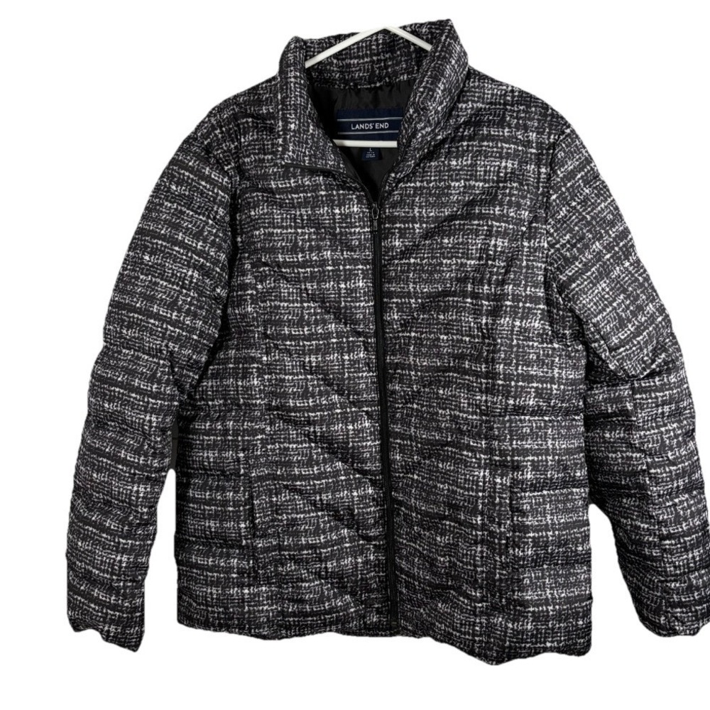 Lands End DOWN Puffer Jacket Women L (14-16) Black‎ Lightweight Packable Travel